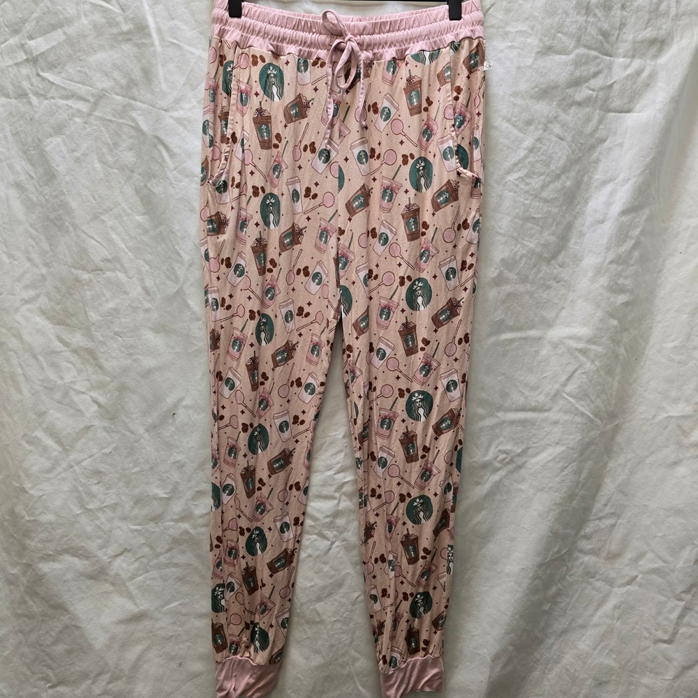 Monkeeroos Pajama Pants Girls Large Pink Starbucks‎ Coffee Cup Drawstring Lounge